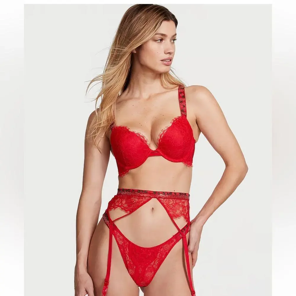 Victoria's Secret Cherry Red Shine Strap Lace Garter Belt and Thong